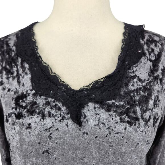 Nanette Lepore Crushed Velvet Pullover with Black Lace Neckline Romantic Grunge - Picture 2 of 6